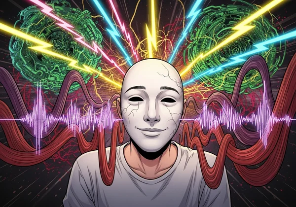 A person wearing a social mask, surrounded by overwhelming sensory input.