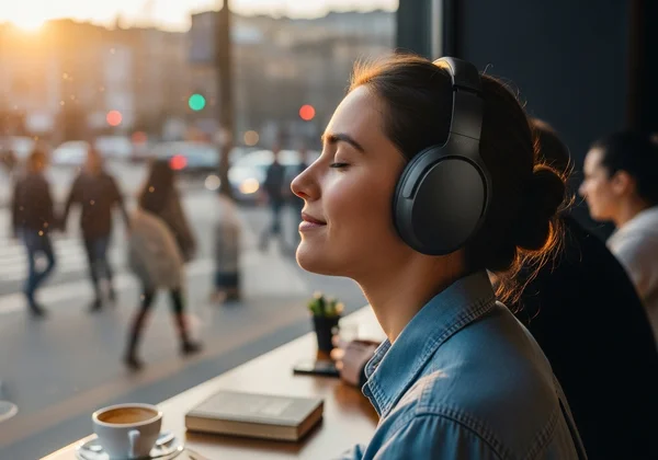Person using noise-canceling headphones in busy area.