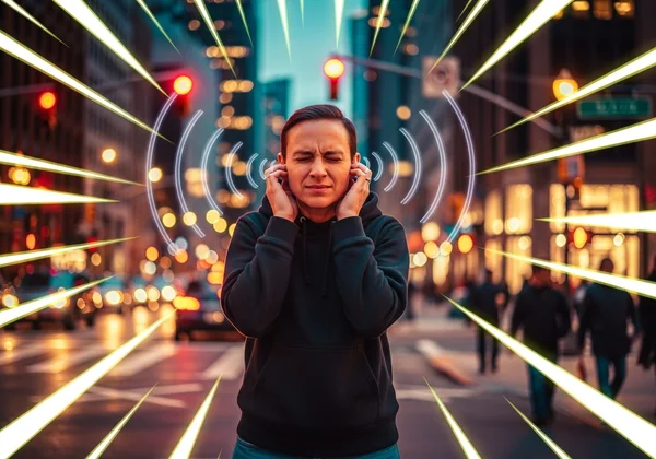 An adult experiencing sensory overload from bright lights and noise