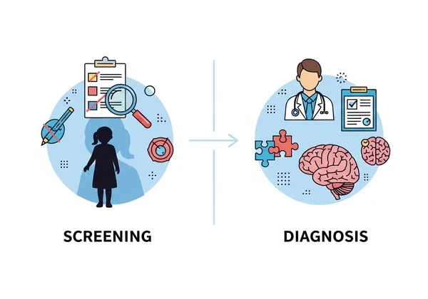 Illustration distinguishing autism screening from formal diagnosis