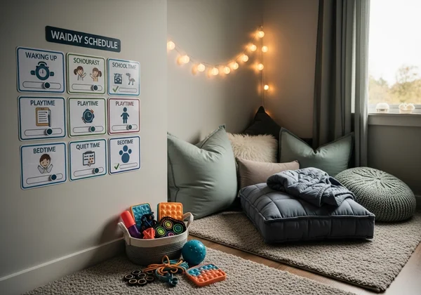Visual schedule and sensory items in a child's supportive space