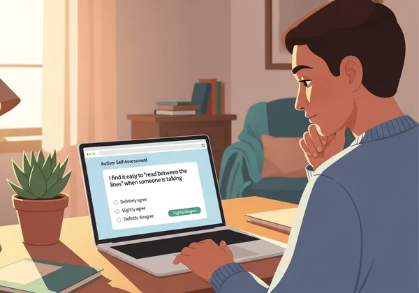 Adult using online autism self-assessment on laptop