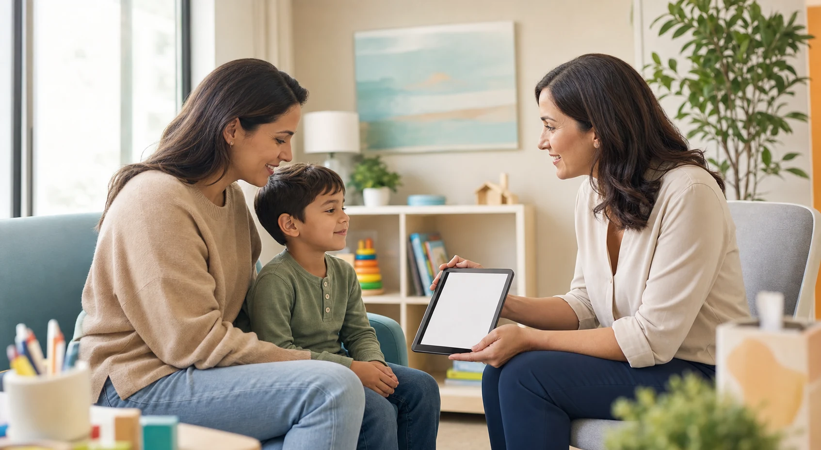 Parent and child discussing developmental screening with a clinician