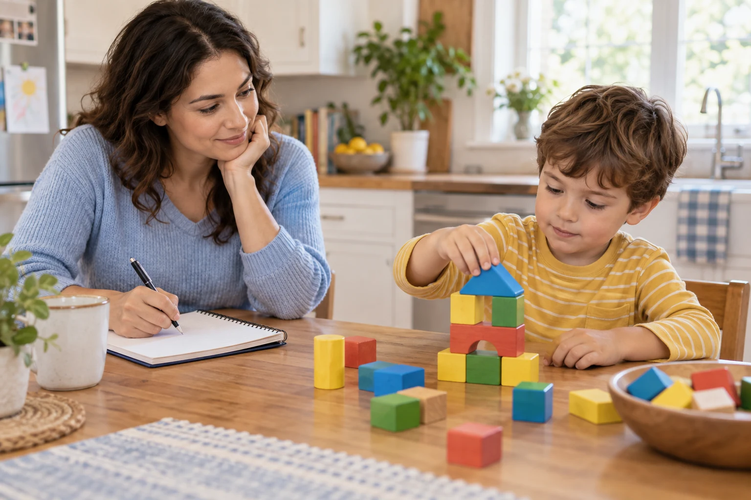 Caregiver che annota schemi di sviluppo infantile